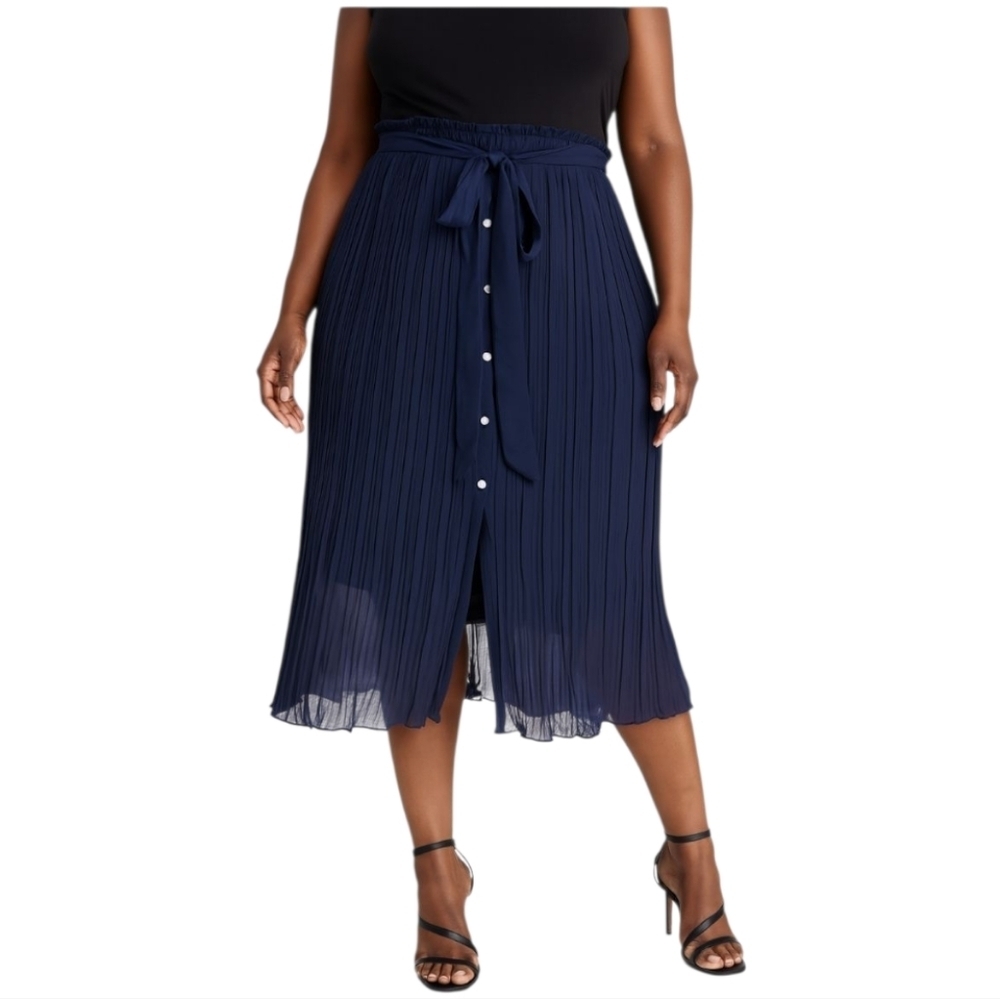 Cato Women's Plus Paper Bag Tie Front Pleated Navy Blue Midi Skirt 18W 20W